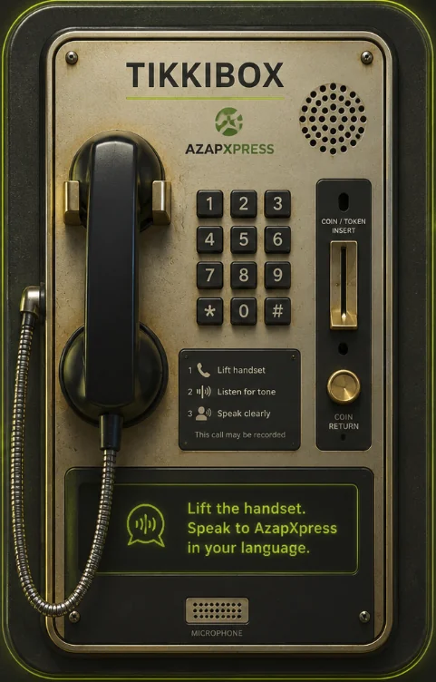 Front-facing AzapsXpress Tikkibox with handset, keypad, speaker, coin slot, microphone and multilingual assistance message